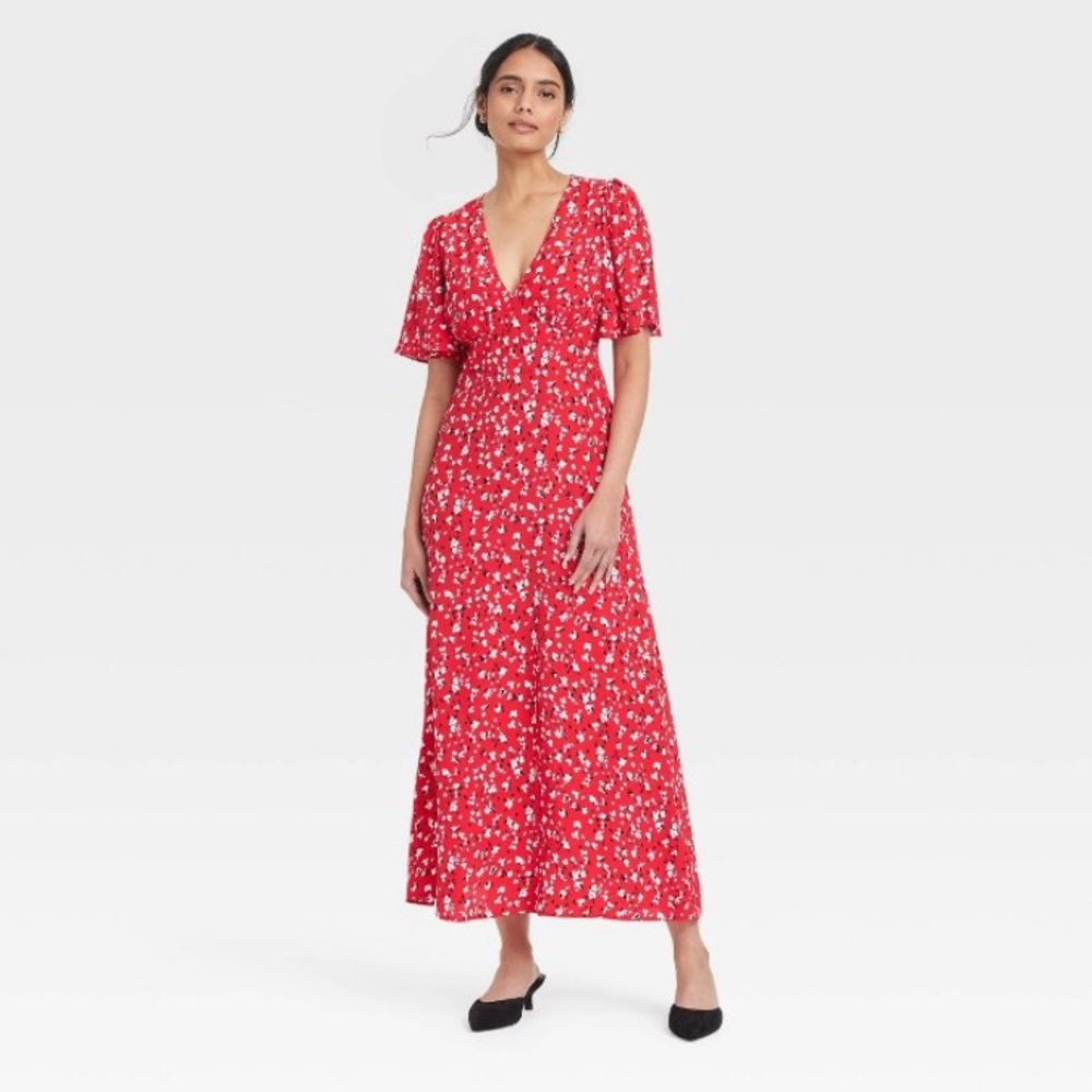 Red Floral Short Sleeve Maxi Sundress